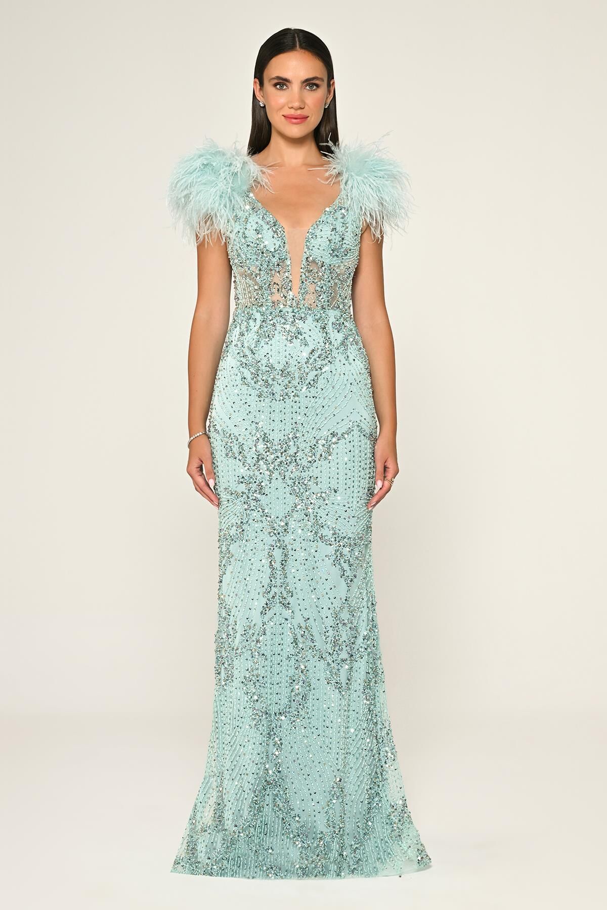 Omzu Otrişli Taşlı Uzun Elbise MİNT - 40