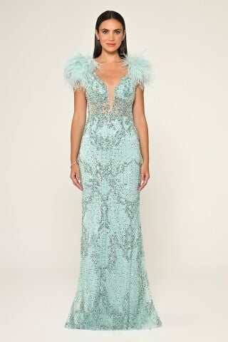 Omzu Otrişli Taşlı Uzun Elbise MİNT - 40