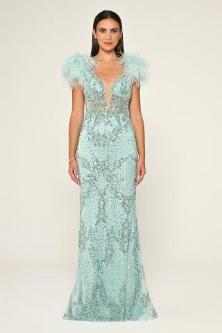 Omzu Otrişli Taşlı Uzun Elbise MİNT - 40