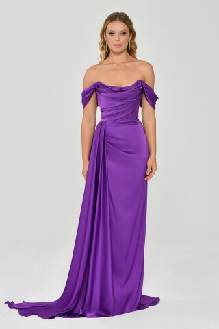 LOW SHOULDER LONG DRESS slit on Purple - 36