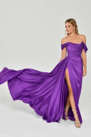 LOW SHOULDER LONG DRESS slit on Purple - 36