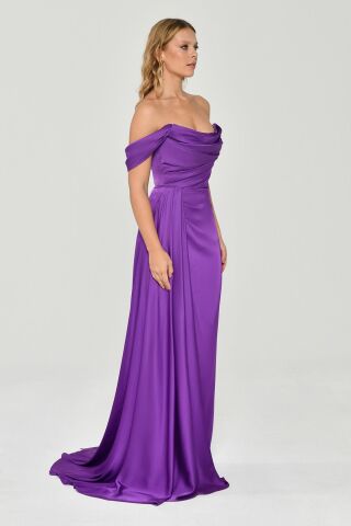 LOW SHOULDER LONG DRESS slit on Purple - 36