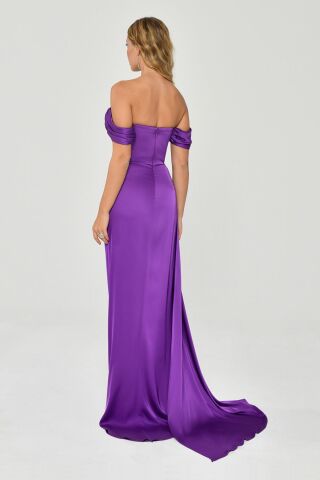 LOW SHOULDER LONG DRESS slit on Purple - 36