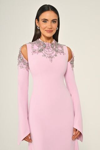 İşlemeli Üst Uzun Kollu Krep Uzun Elbise Pembe - 40