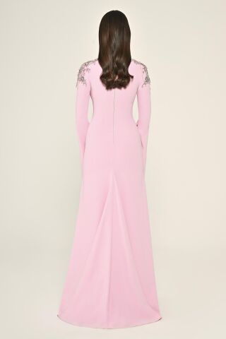 İşlemeli Üst Uzun Kollu Krep Uzun Elbise Pembe - 40