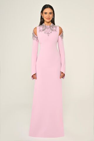 İşlemeli Üst Uzun Kollu Krep Uzun Elbise Pembe - 40