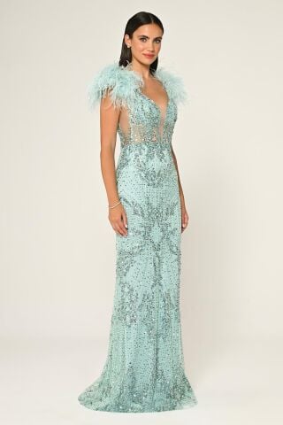 Omzu Otrişli Taşlı Uzun Elbise MİNT - 36