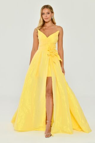 Straplez Yandan Yırtmaçlı parlak Kumaş Uzun Elbise SARI - 44