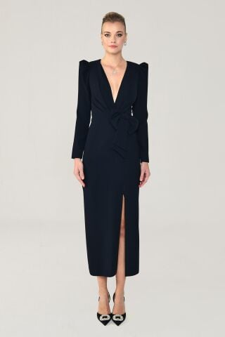 V Yaka Uzun Kollu Yırtmaçlı Uzun Elbise Siyah - 44