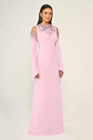 İşlemeli Üst Uzun Kollu Krep Uzun Elbise Pembe - 42