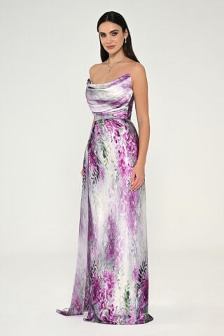 Kayık Yaka Yırtmaçlı Desenli Saten Elbise FUŞYA / YEŞİL - 36