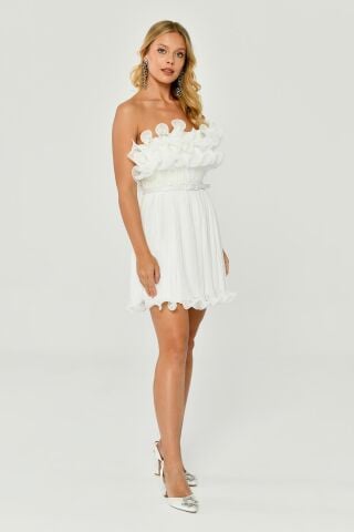 Straplez Piliseli Şifon Kısa Elbise Beyaz - 40
