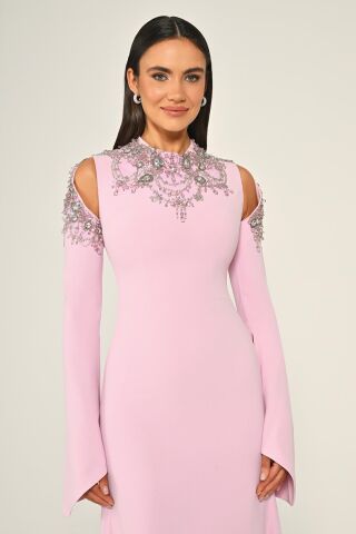 İşlemeli Üst Uzun Kollu Krep Uzun Elbise Pembe - 44