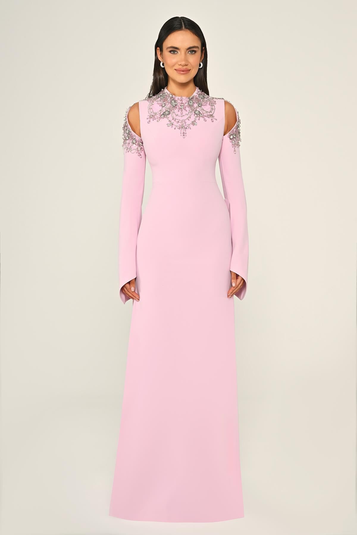 İşlemeli Üst Uzun Kollu Krep Uzun Elbise Pembe - 44