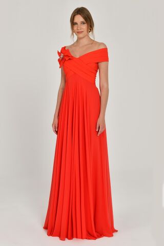 Düşük Omuz Çiçek Aksesuarlı Şifon Uzun Elbise ORANGE - 38