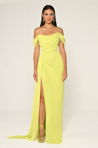 Low Shoulder Side Slit Chiffon Long Dress