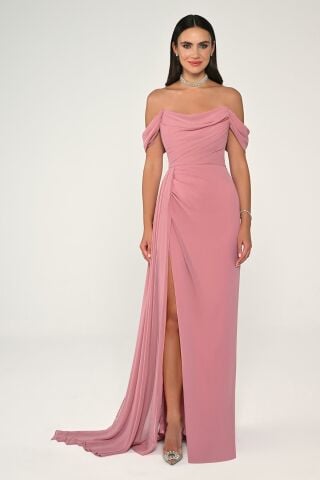 Low Shoulder Side Slit Chiffon Long Dress