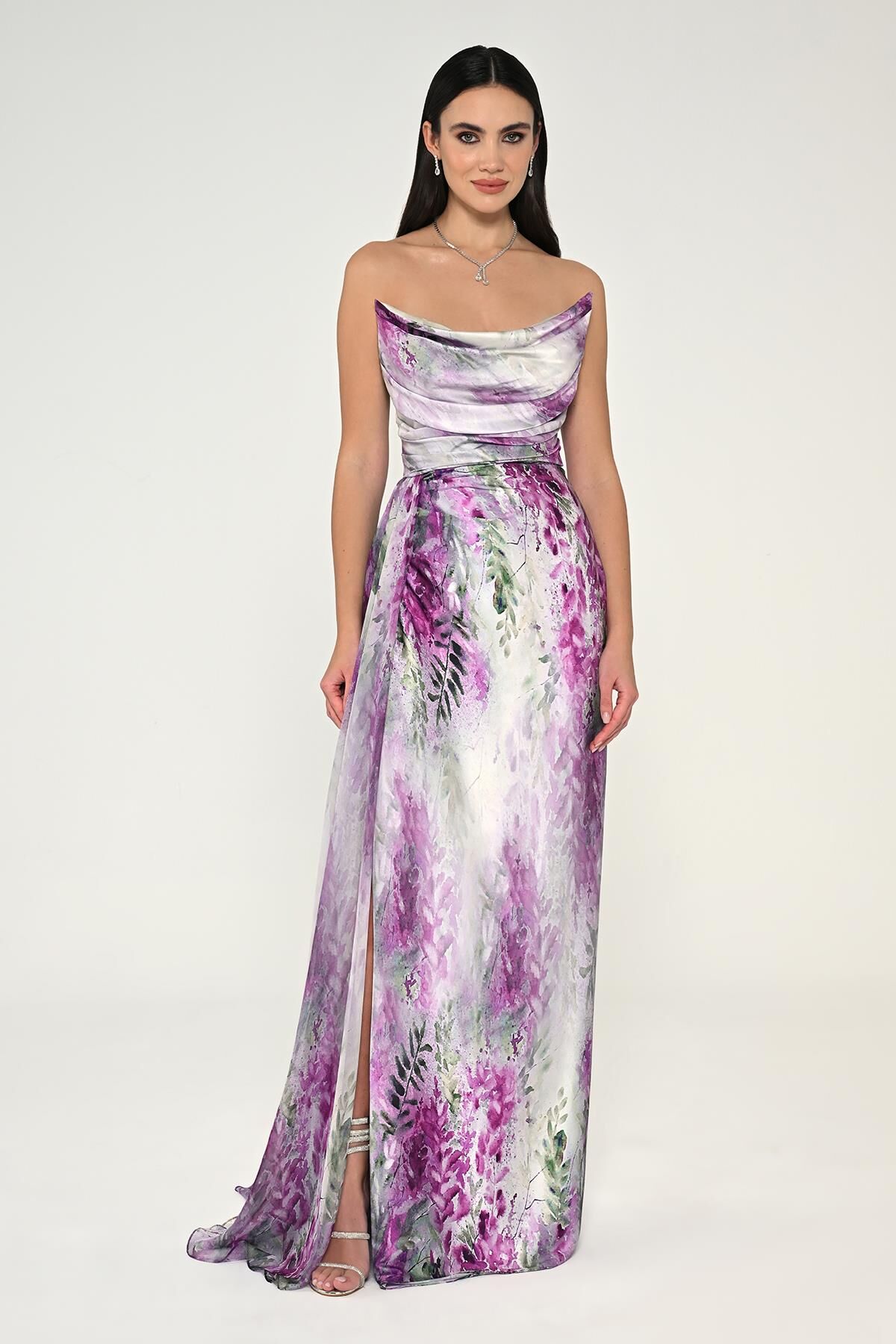 Kayık Yaka Yırtmaçlı Desenli Saten Elbise FUŞYA / YEŞİL - 42