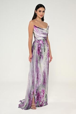 Kayık Yaka Yırtmaçlı Desenli Saten Elbise FUŞYA / YEŞİL - 42