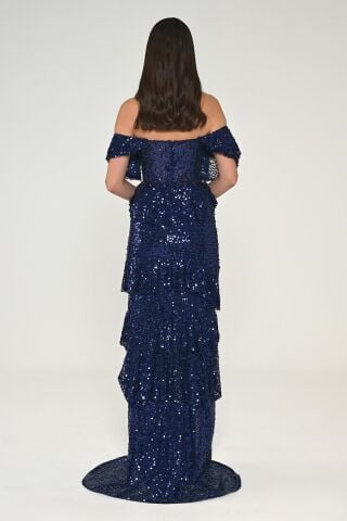 Düşük Omuz Kalp Göğüs Fırfırlı Payet Uzun Elbise Lacivert - 36