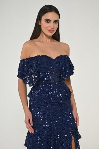 Düşük Omuz Kalp Göğüs Fırfırlı Payet Uzun Elbise Lacivert - 36