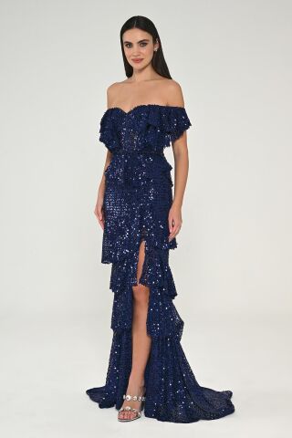 Düşük Omuz Kalp Göğüs Fırfırlı Payet Uzun Elbise Lacivert - 36