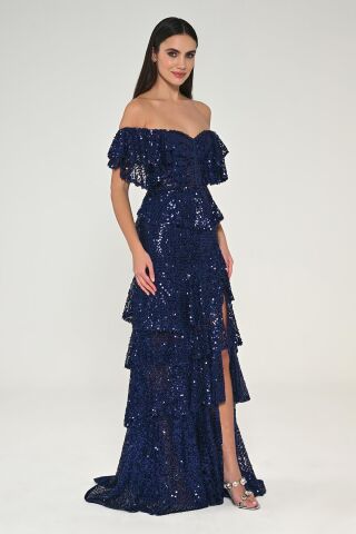 Düşük Omuz Kalp Göğüs Fırfırlı Payet Uzun Elbise Lacivert - 36