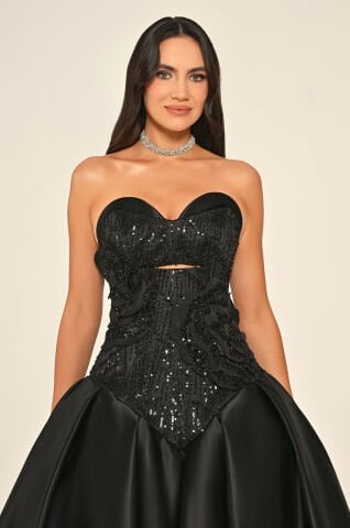 Straplez Üstü Payet Eteği Tafta Kumaş Prenses Uzun Elbise