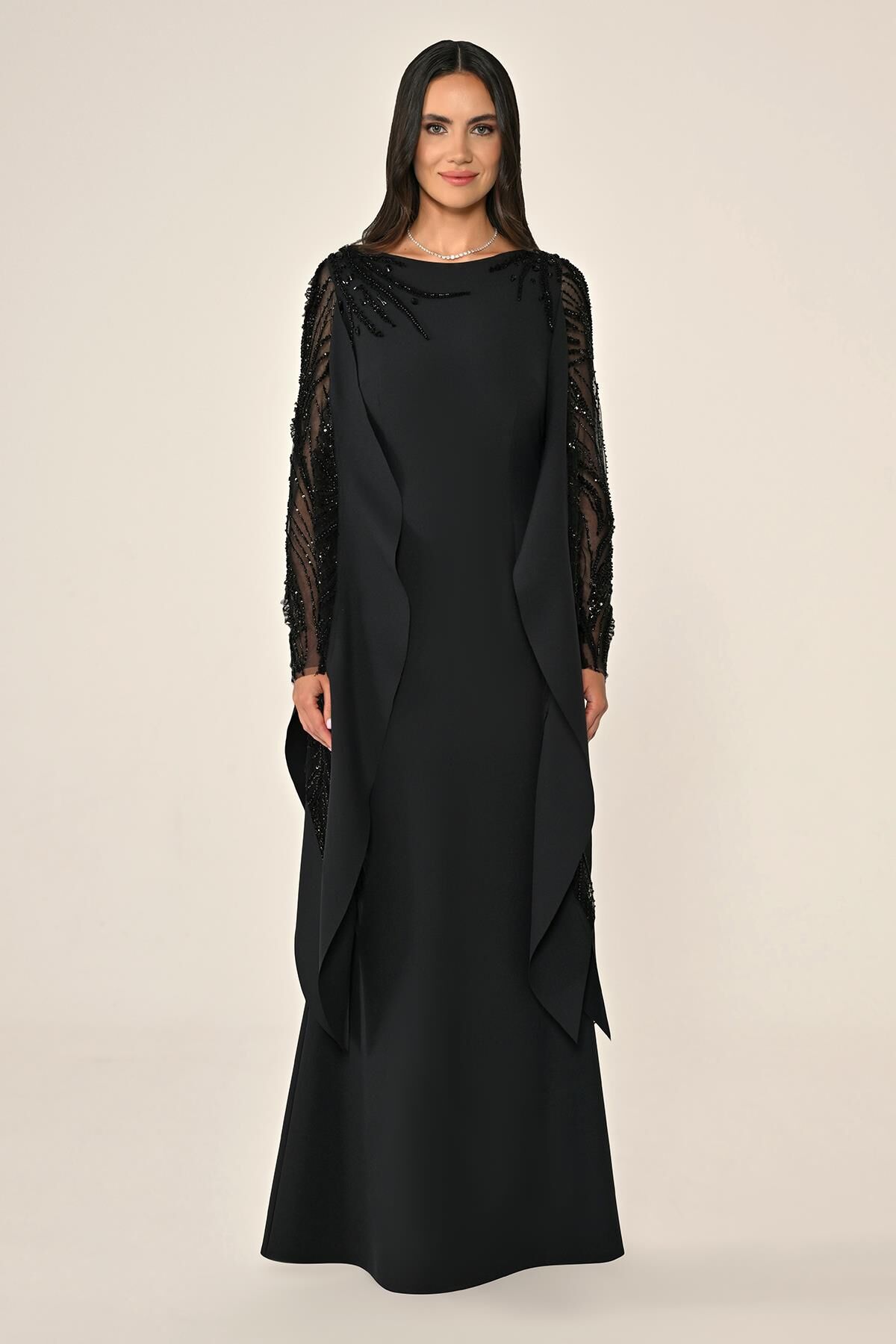 Sequined Long Sleeve Crepe Long Dress with Sequined Cape