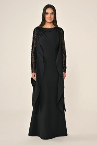 Sequined Long Sleeve Crepe Long Dress with Sequined Cape