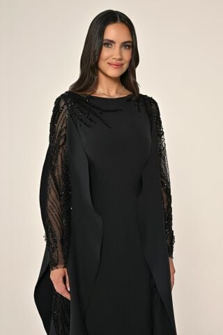 Sequined Long Sleeve Crepe Long Dress with Sequined Cape
