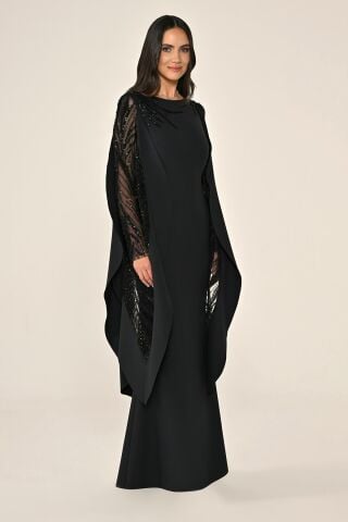 Sequined Long Sleeve Crepe Long Dress with Sequined Cape
