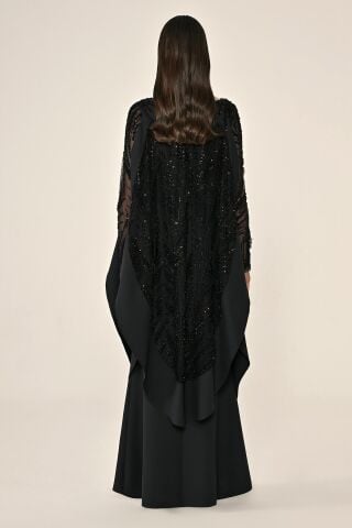 Sequined Long Sleeve Crepe Long Dress with Sequined Cape