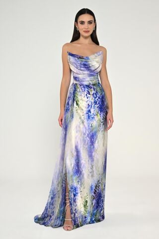 Kayık Yaka Yırtmaçlı Desenli Saten Elbise MOR / YEŞİL - 40