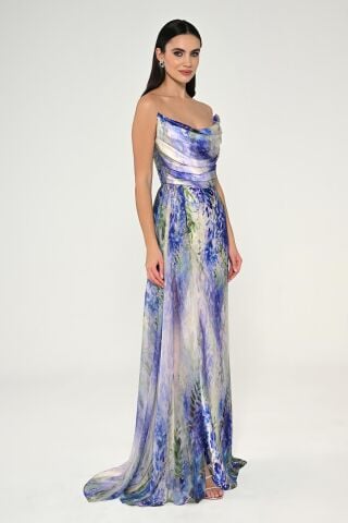 Kayık Yaka Yırtmaçlı Desenli Saten Elbise MOR / YEŞİL - 40