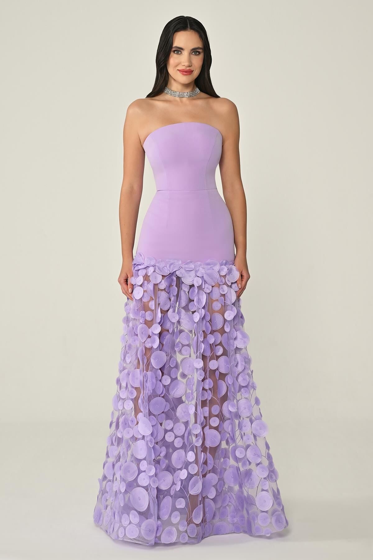 Straplez Üst Krep Eteği 3 Boyutlu Tül Uzun Elbise Lila - 42