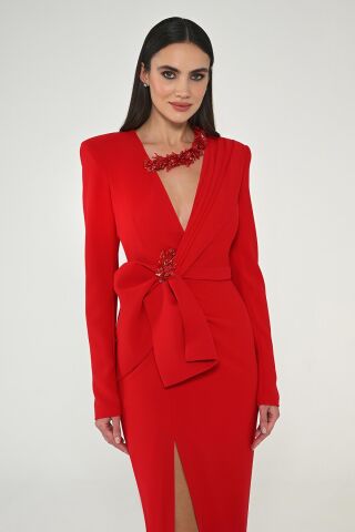 Uzun Kollu Vatkalı V Yaka Önden Yırtmaçlı Midi Elbise Kırmızı - 38