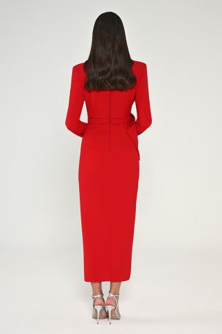 Uzun Kollu Vatkalı V Yaka Önden Yırtmaçlı Midi Elbise Kırmızı - 38