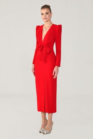 V Yaka Uzun Kollu Yırtmaçlı Uzun Elbise Kırmızı - 46
