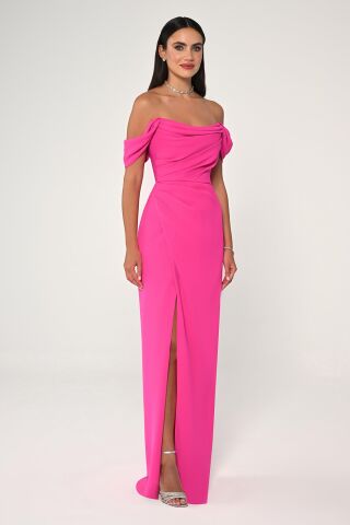Düşük Omuz Yandan Yırtmaçlı Uzun Elbise Fuşya - 46