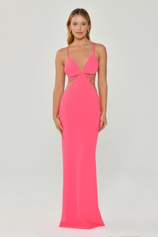 İp Askılı Dekolteli Krep Uzun Elbise