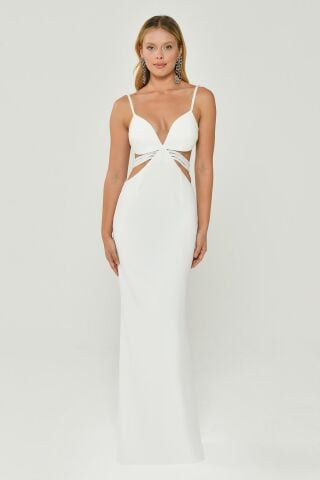 İp Askılı Dekolteli Krep Uzun Elbise