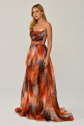 Kayık Yaka Desenli Tül Uzun Elbise ORANGE DESEN - 44