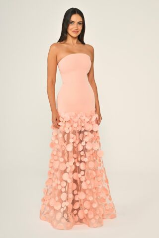 Straplez Üst Krep Eteği 3 Boyutlu Tül Uzun Elbise SOMON - 44