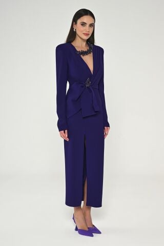 Uzun Kollu Vatkalı V Yaka Önden Yırtmaçlı Midi Elbise Mor - 38