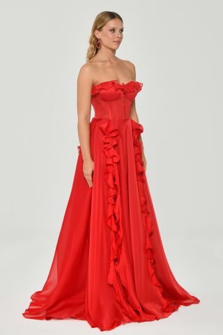 Straplez Fırfırlı Çift Yırtmaçlı Şifon Uzun Elbise Kırmızı - 42