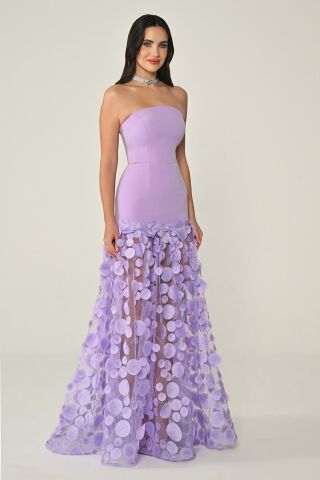 Straplez Üst Krep Eteği 3 Boyutlu Tül Uzun Elbise Lila - 38