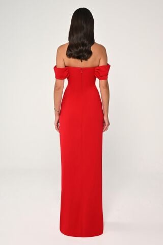 Düşük Omuz Yandan Yırtmaçlı Krep Uzun Elbise Kırmızı - 42