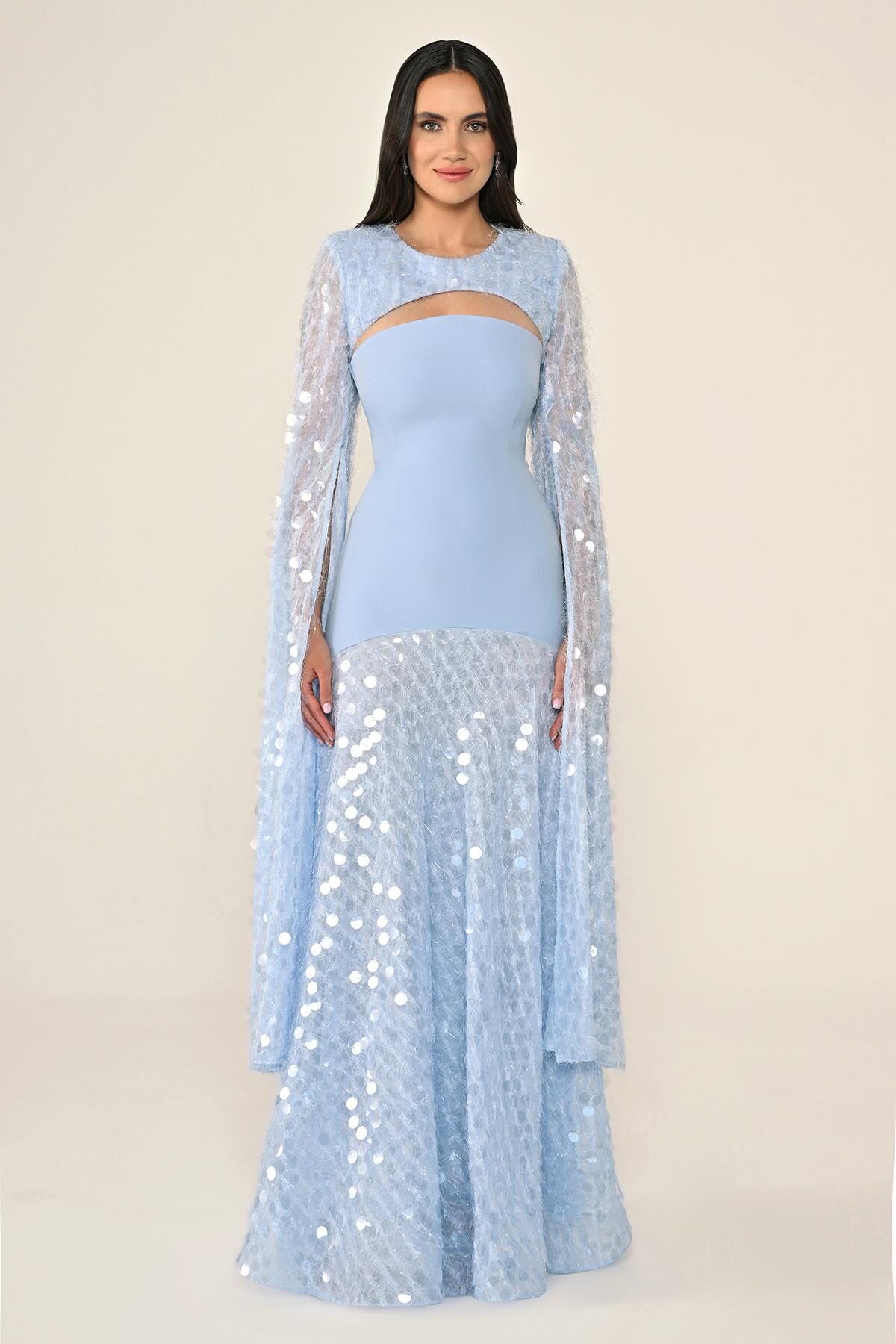 Şal Kol Payetli Pullu Üstü Krep Uzun Elbise AÇIK MAVİ - 40