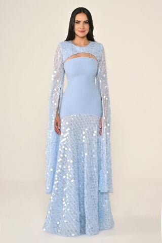 Şal Kol Payetli Pullu Üstü Krep Uzun Elbise AÇIK MAVİ - 42